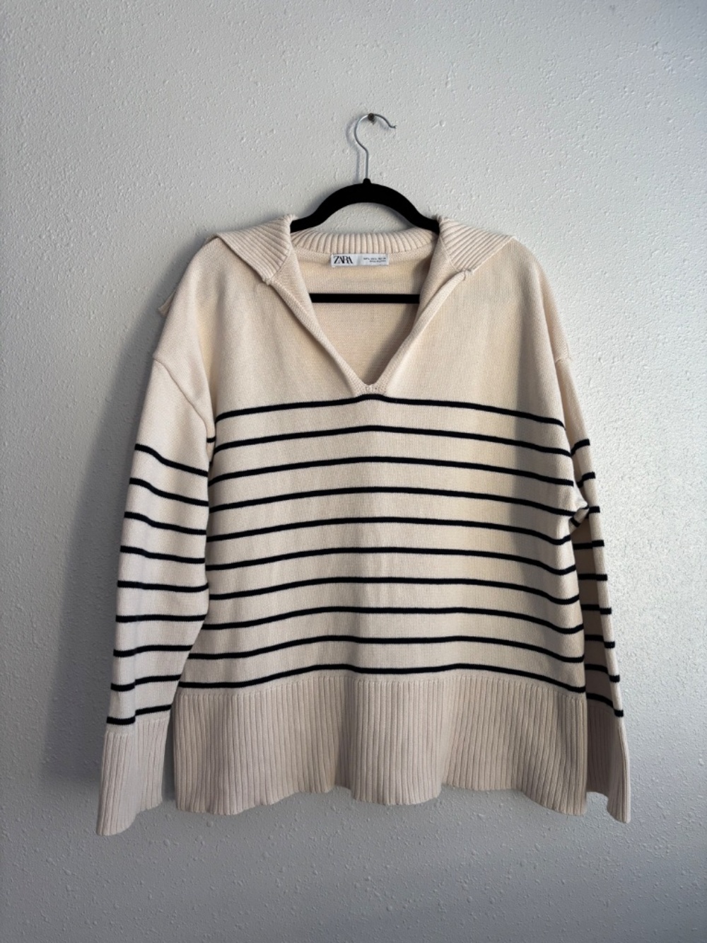 Zara Black White Striped Knit Sailor Collar Sweater - Size L
